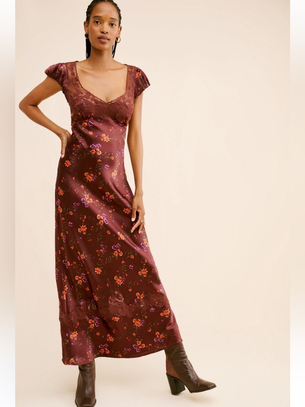 Free People Butterfly Babe Burgundy Floral Lace-Trim Maxi Dress